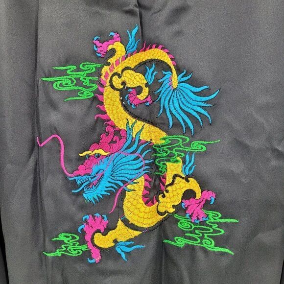Reversible Kimono Robe L Black Embroidered Dragon Yellow Floral Asian Unisex - Picture 5 of 16